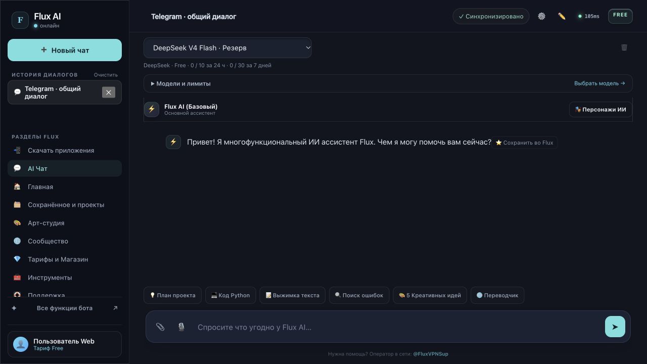 Интерфейс Flux AI для компьютера: история слева, чат и поле ввода справа